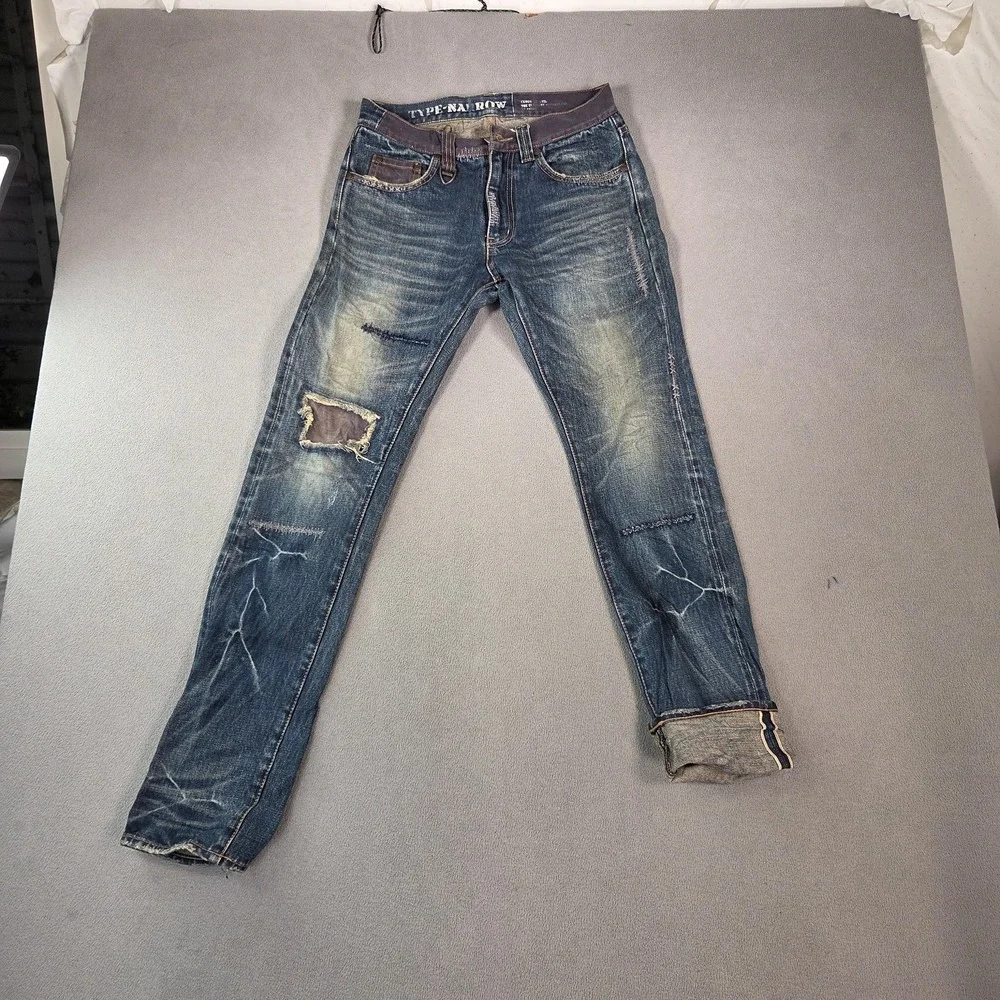Selvedge Jeans Mens Thrashed Slim‎ Straight Whiskers Patchwork Fits 26x30